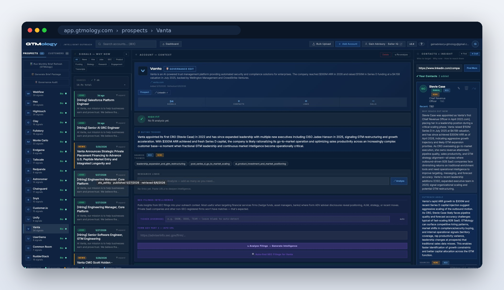 GTMology workspace — intelligence interface where account signals, governance, contacts, buying triggers, and GTM recommendations come together.